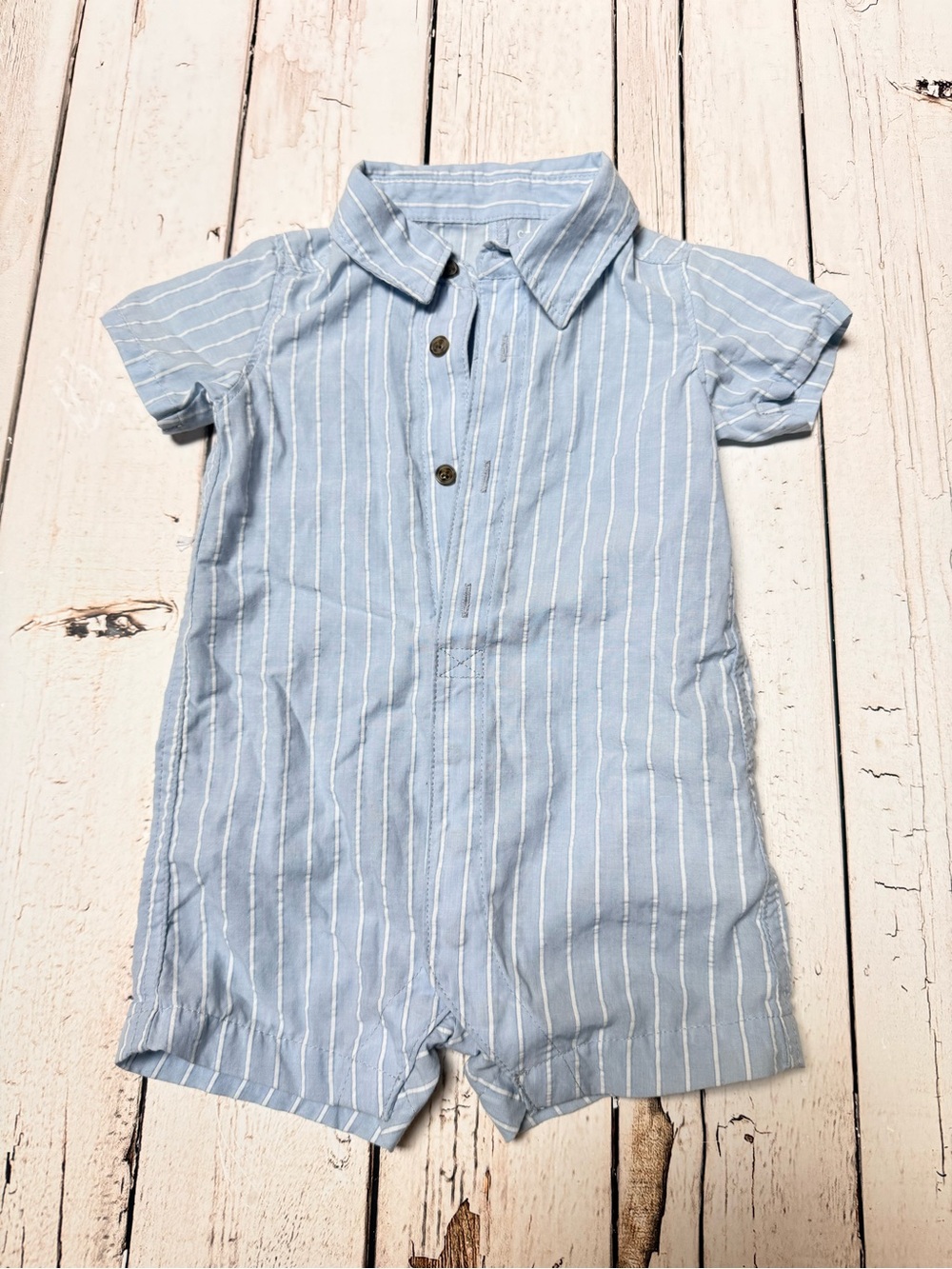 Carters Striped Light Blue Cotton Baby Romper with Collar 6-9 months